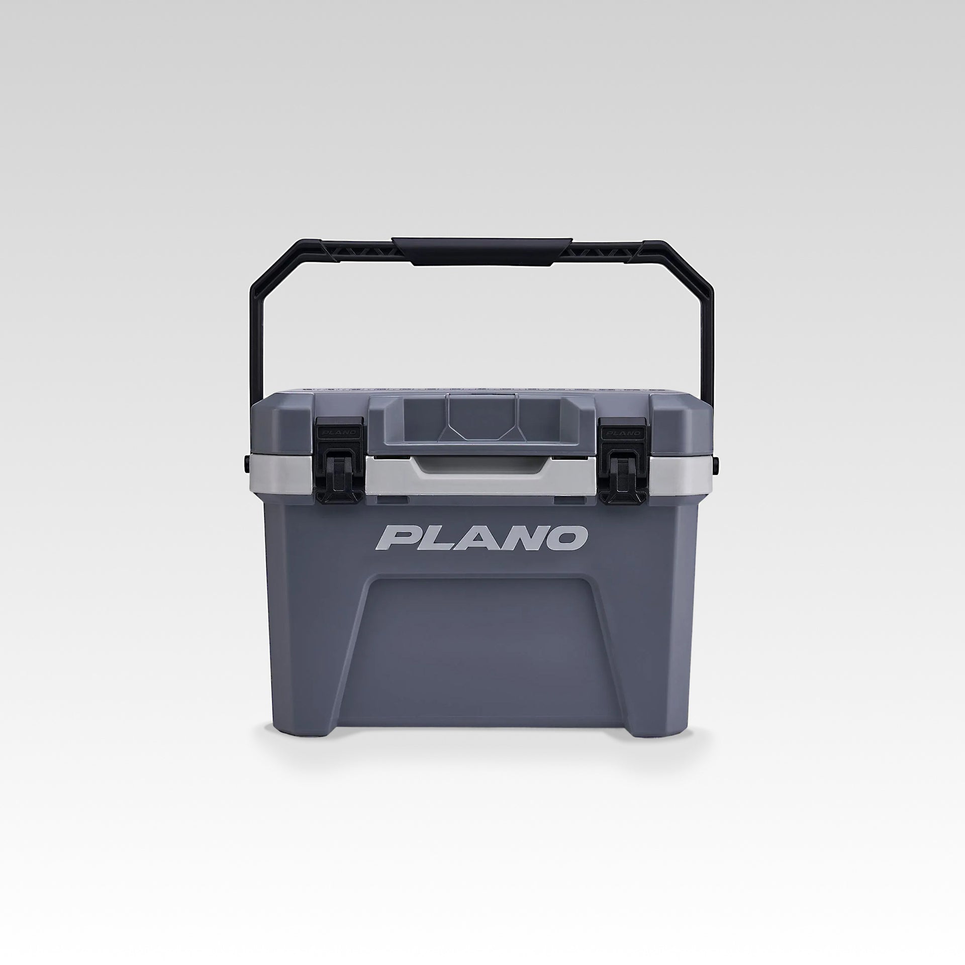 Gray cooler box with black handle on a white background, featuring the Plano brand.