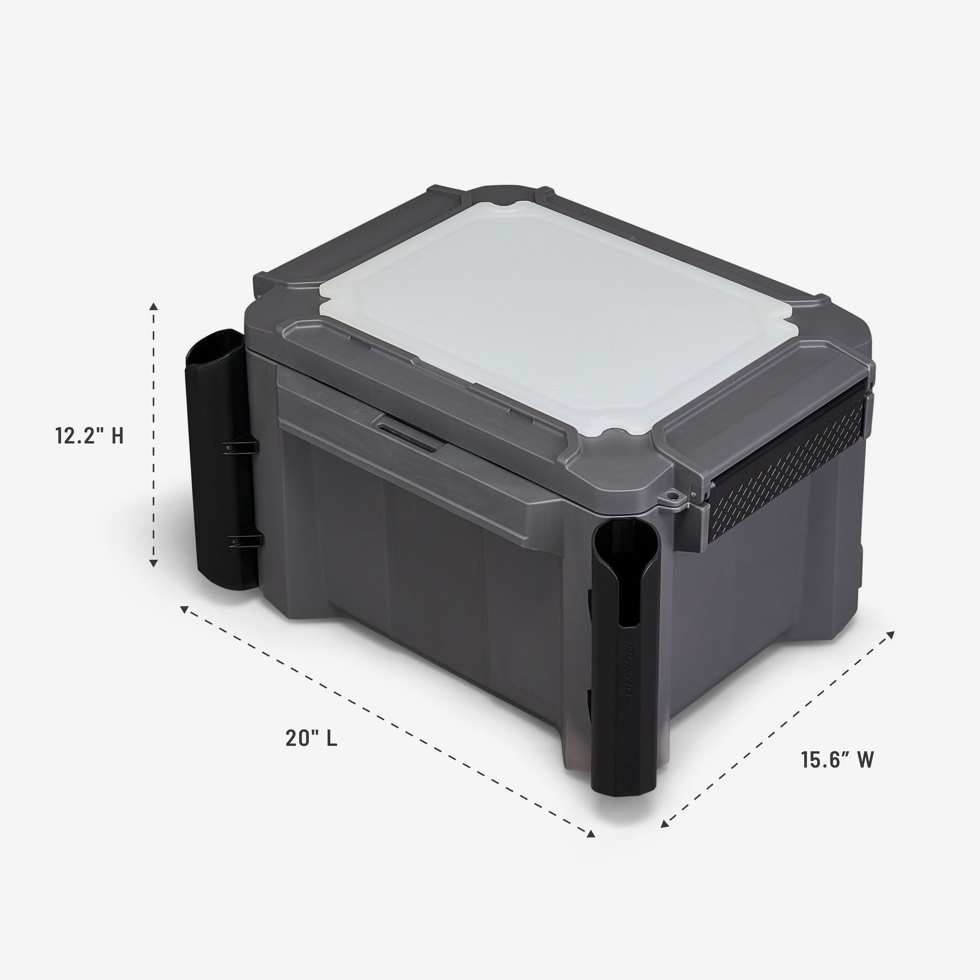 Gray storage box with dimensions labeled on a white background