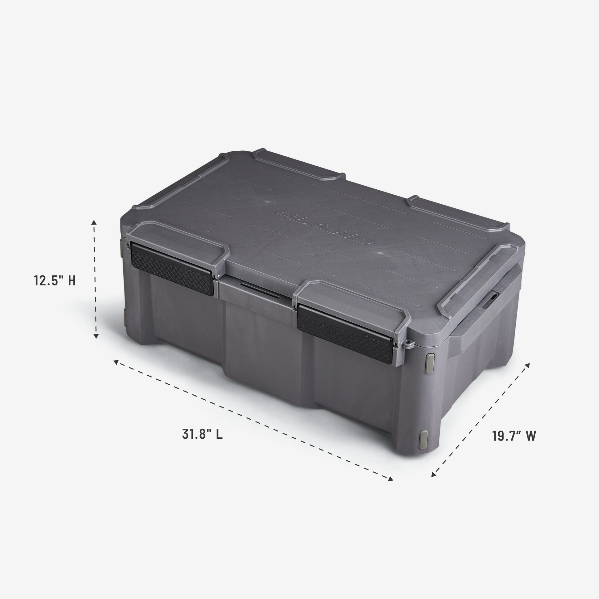 Gray storage box with dimensions labeled on a white background