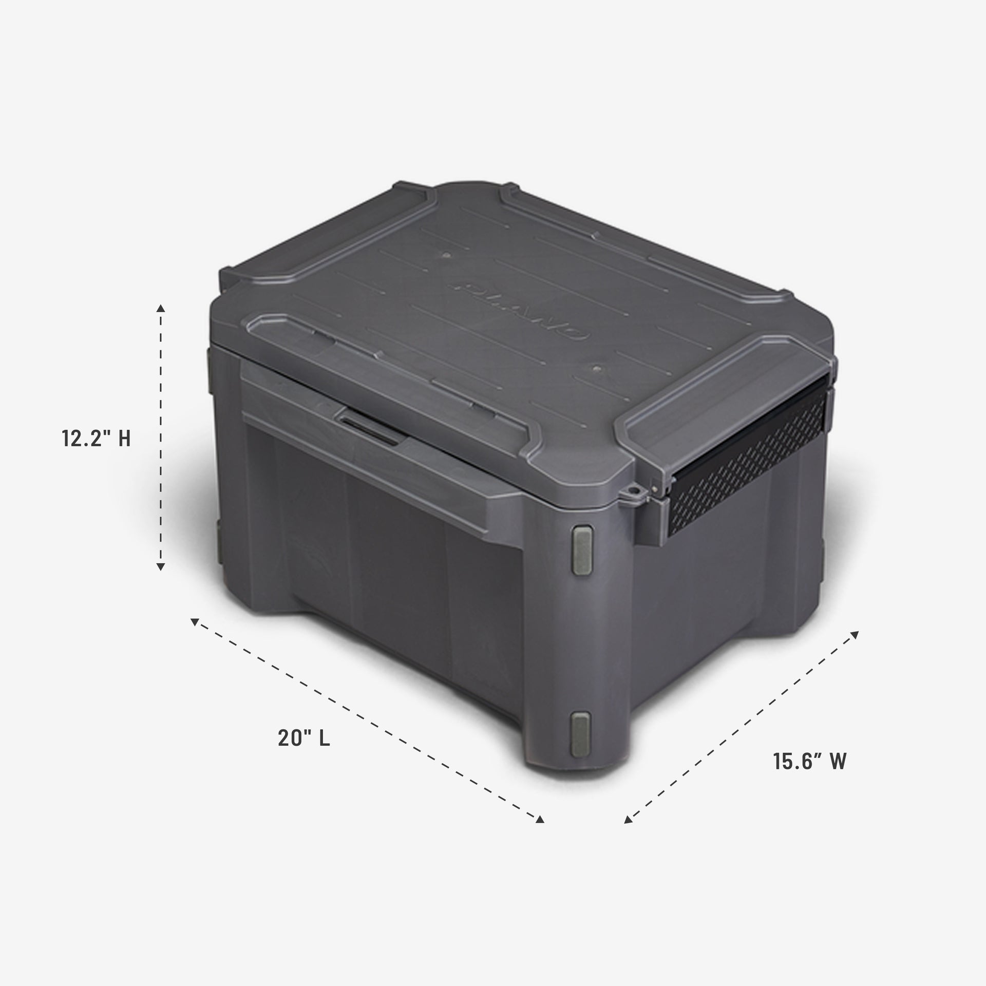 Gray storage box with dimensions on a white background