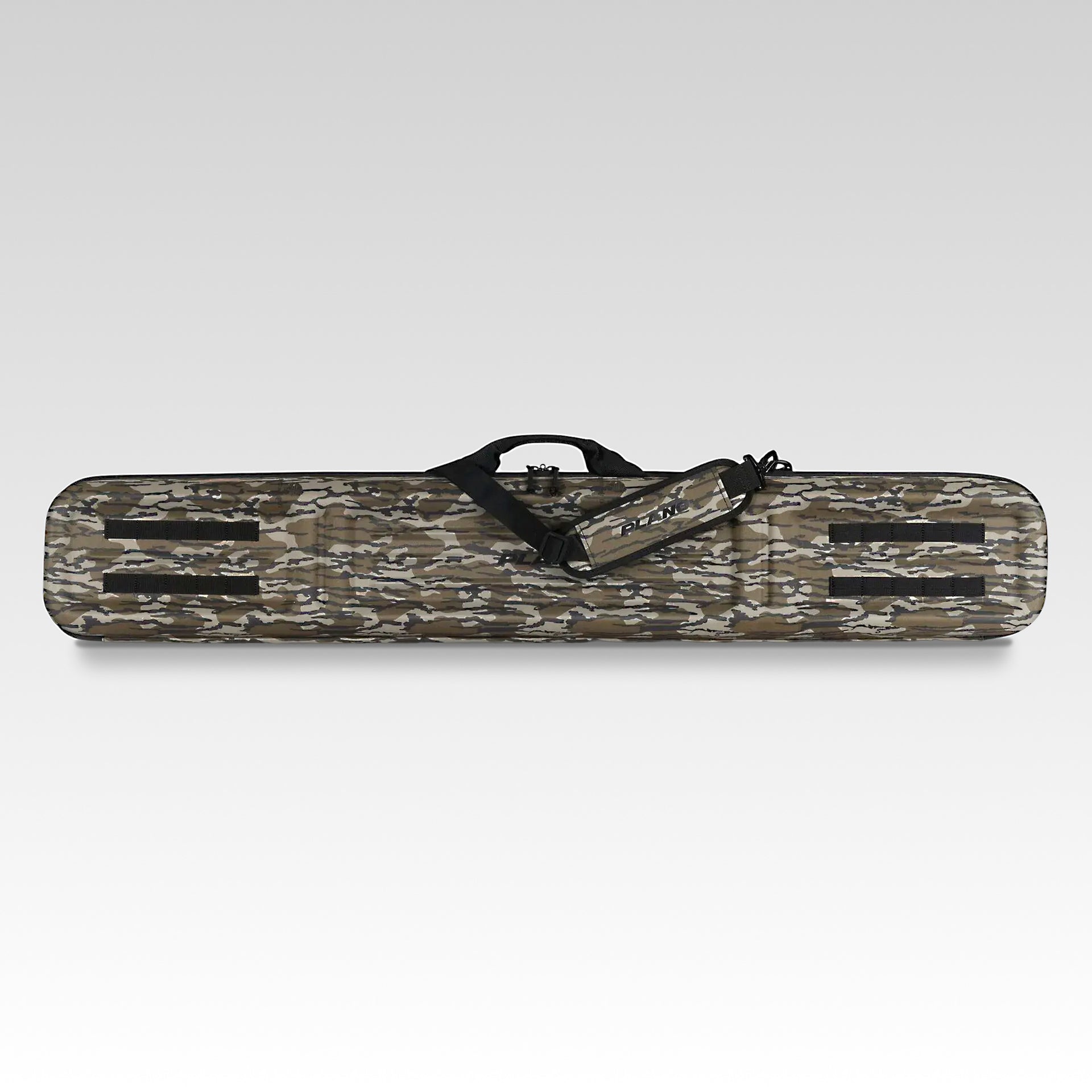 Camouflage-patterned snowboard bag on a light gray background
