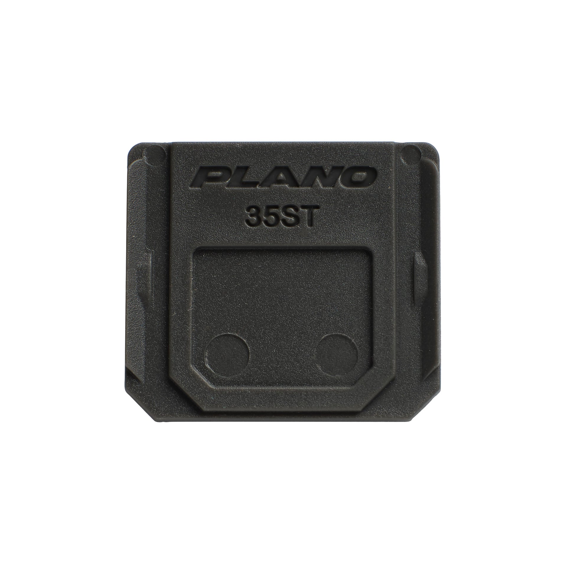 Black fishing tackle box with 'Plano' branding on a white background