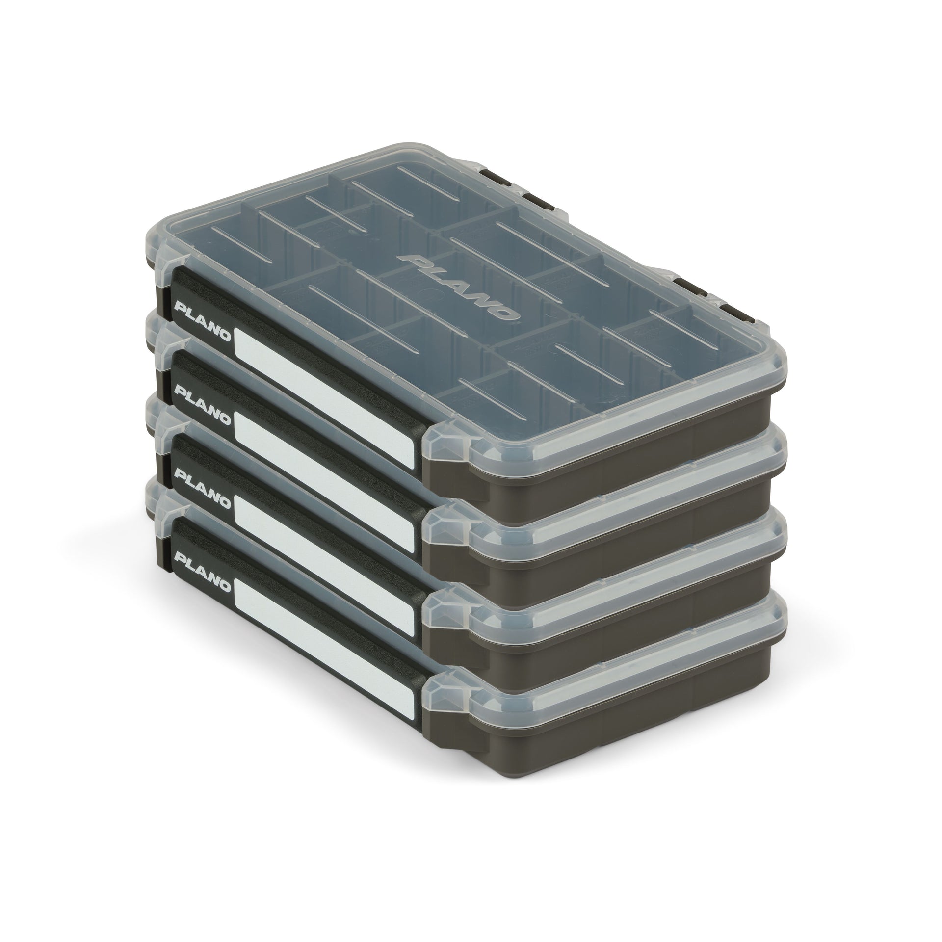Stack of Plano fishing tackle boxes on a white background