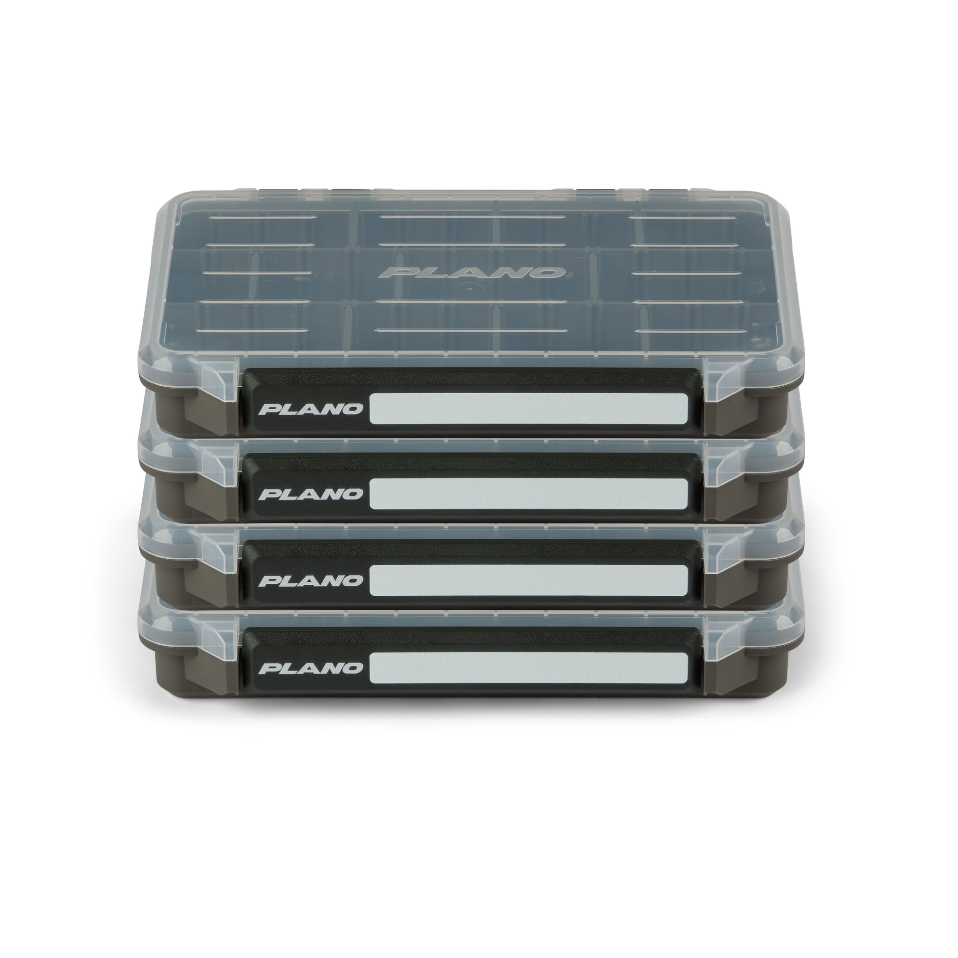 Stack of Plano fishing tackle boxes on a white background