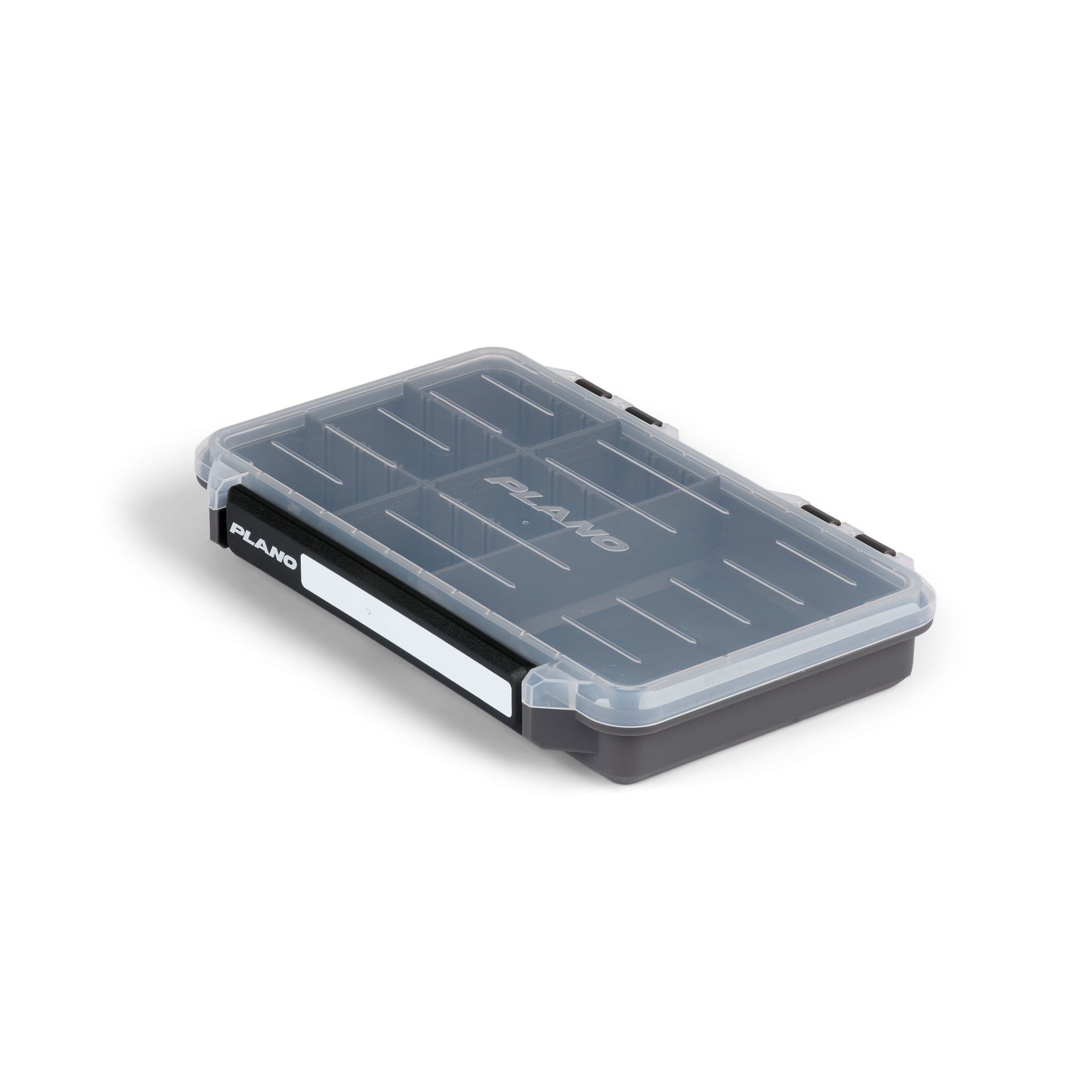 Clear plastic tackle box with black base on a white background