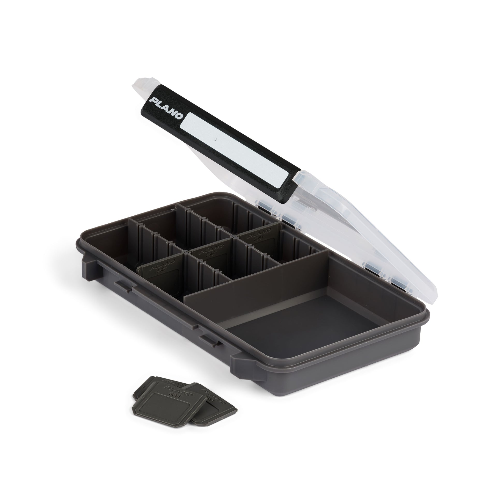 Black fishing tackle box with a clear lid on a white background