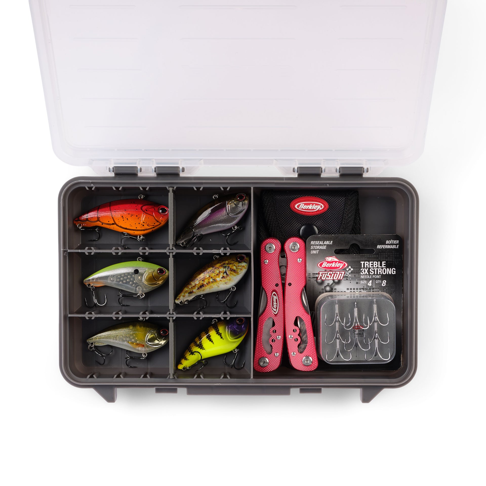 Fishing tackle box with lures and tools on a white background