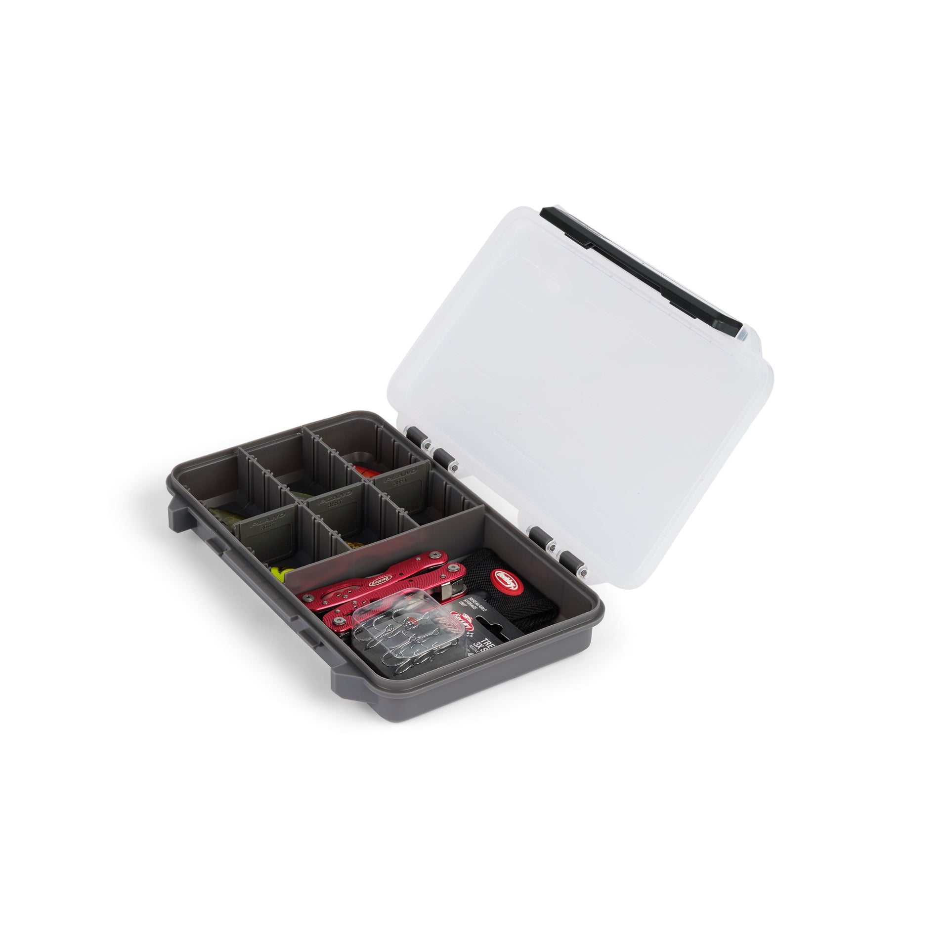 Gray tackle box with a white lid on a white background