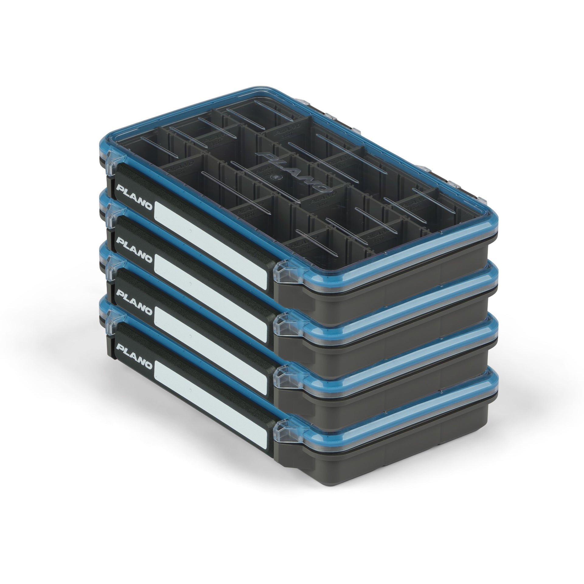 Stack of black and blue fishing tackle boxes with 'Plano' branding on a white background