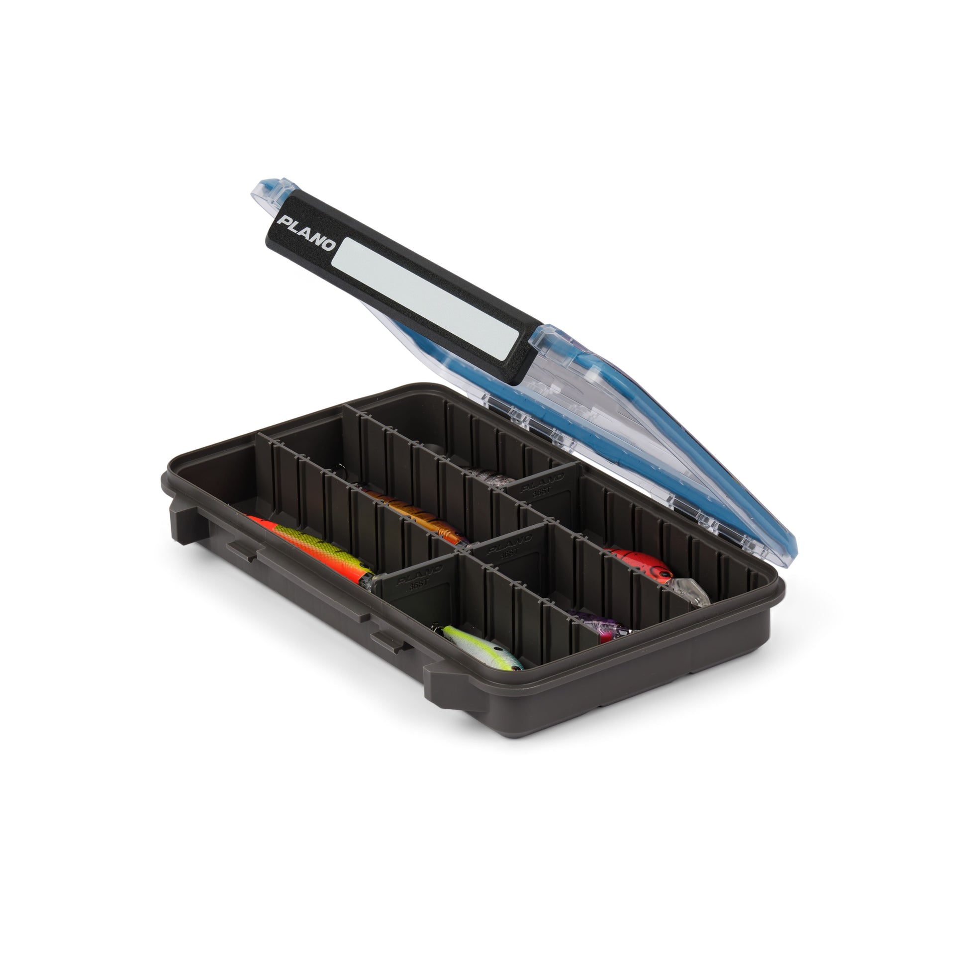 Black fishing tackle box with open lid on a white background