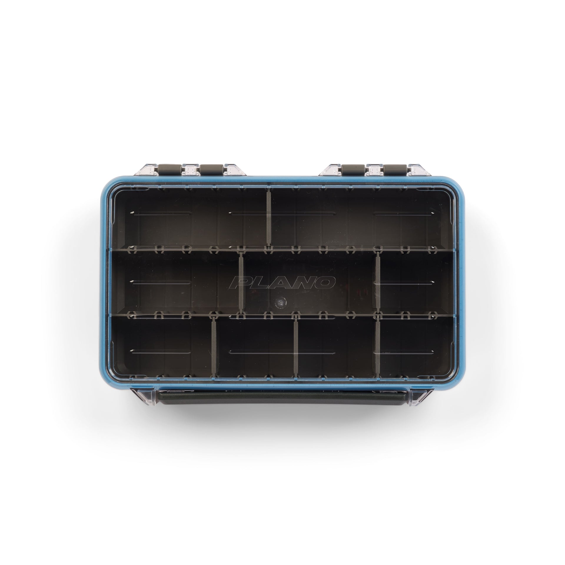 Blue and black tackle box with compartments on a white background