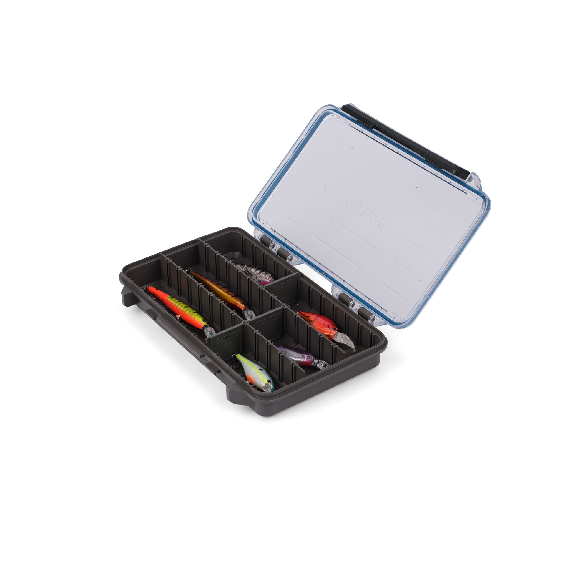 Black fishing lure box with open lid on a white background