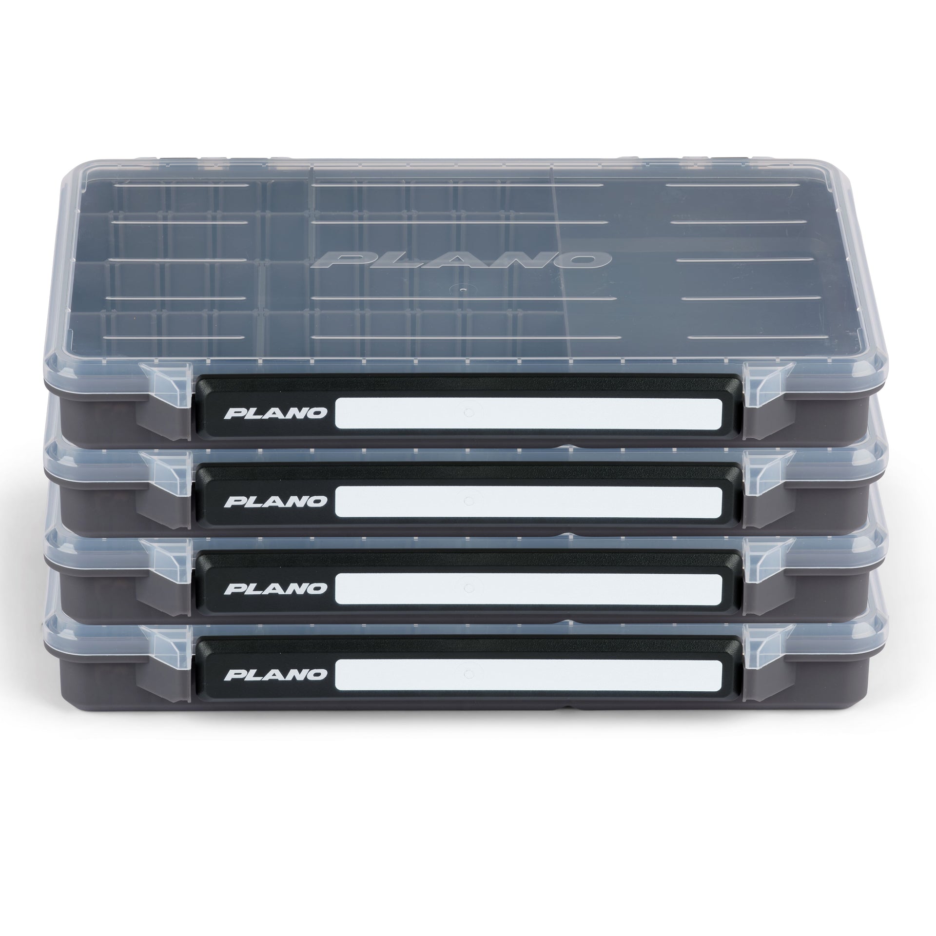 Stack of Plano fishing tackle boxes on a white background