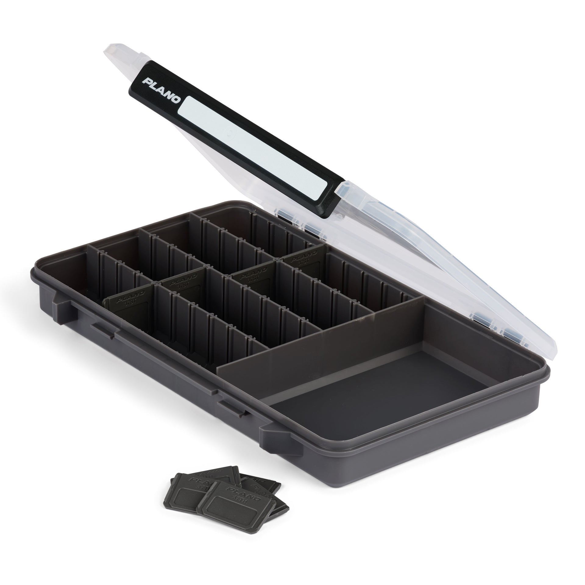 Black tackle box with a clear lid on a white background