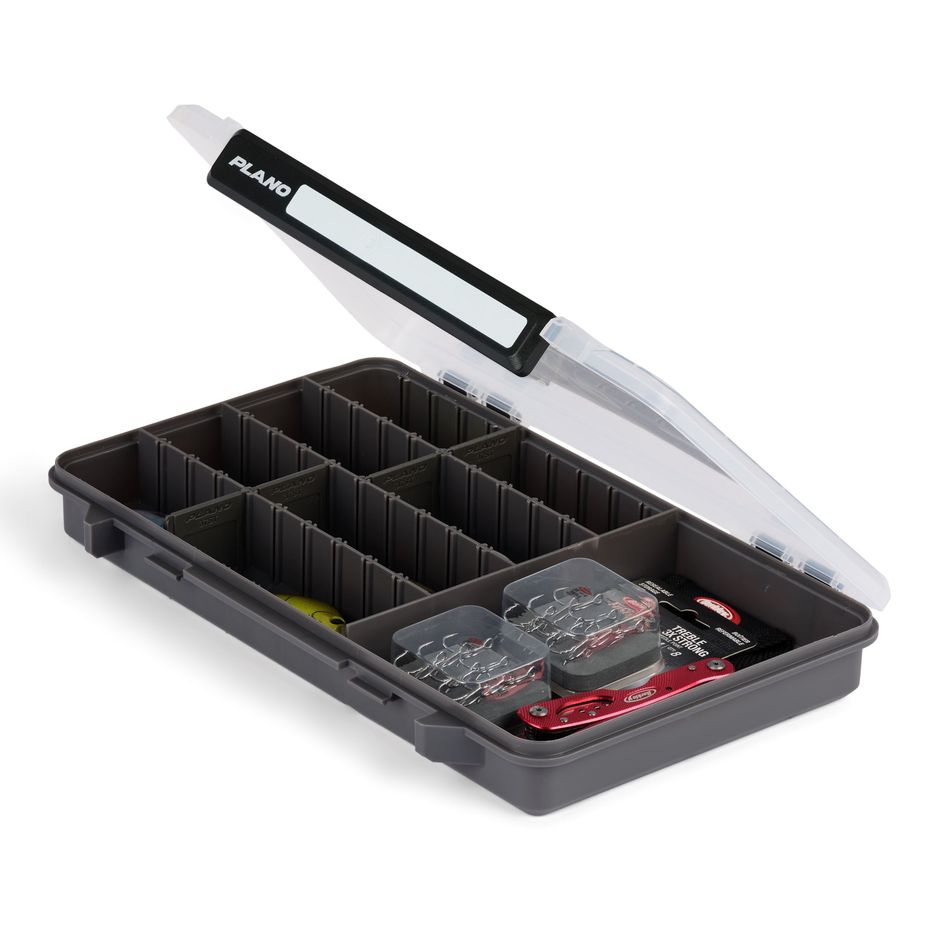 Fishing tackle box with compartments on a white background