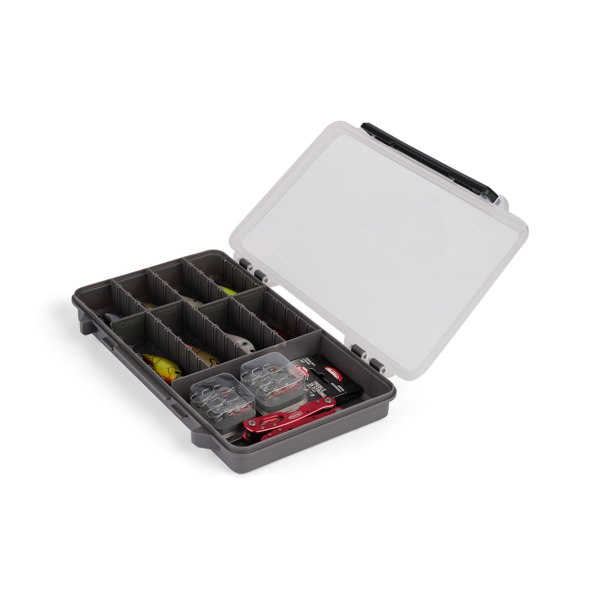 Fishing tackle box with compartments on a white background