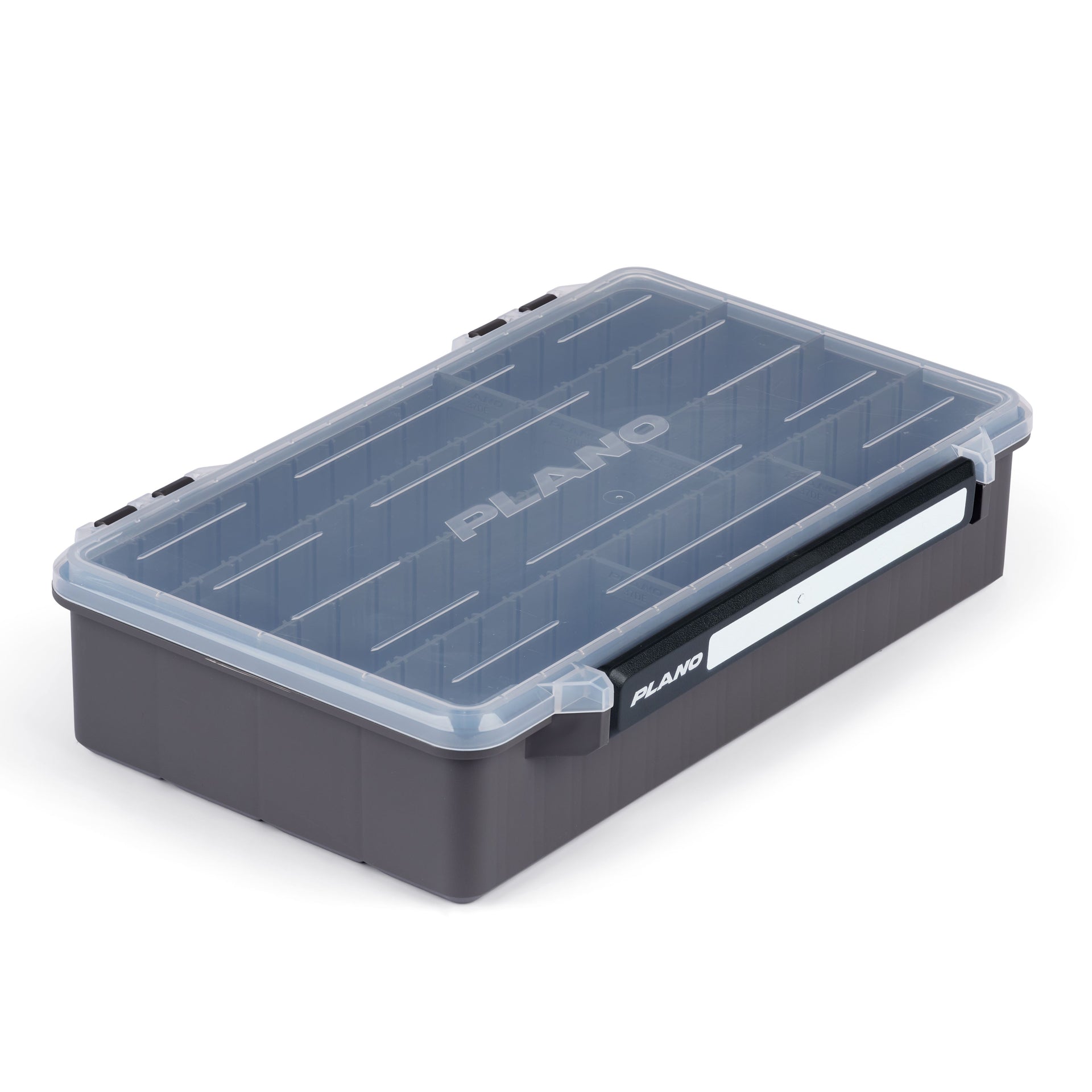 Plano fishing tackle box with clear lid on a white background
