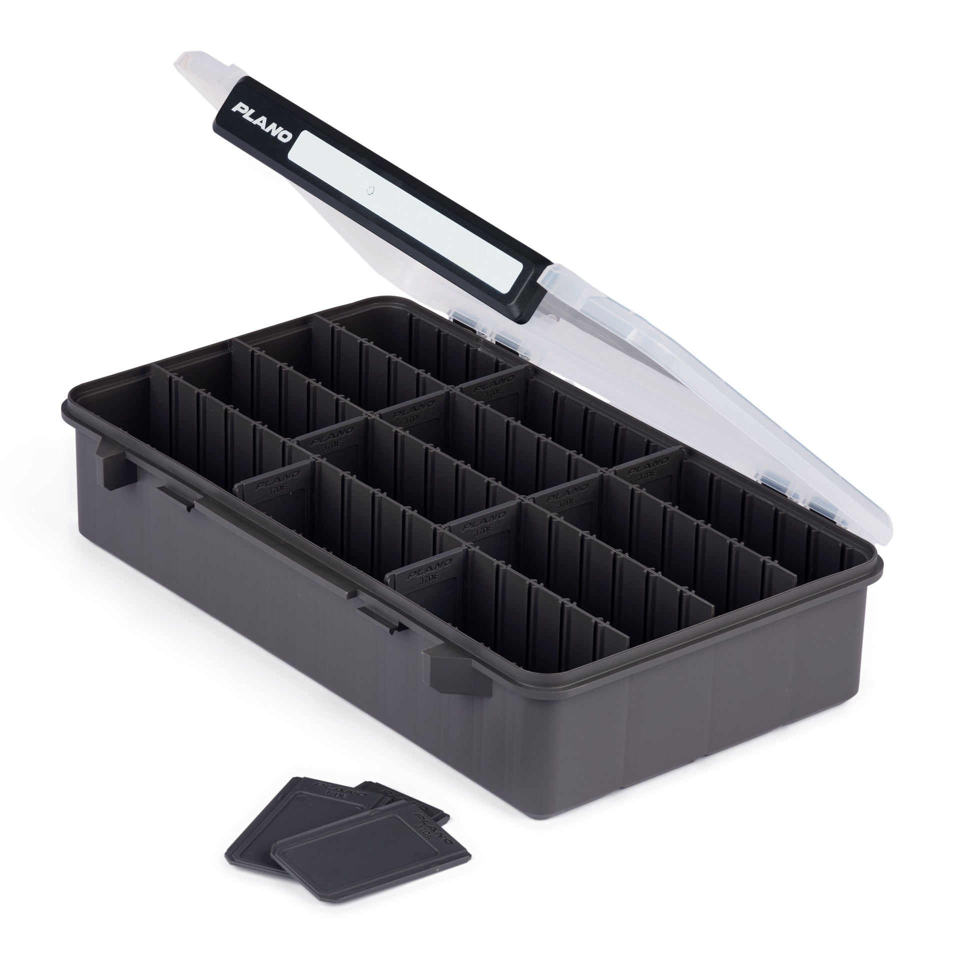 Black fishing tackle box with a white lid and PLANO branding on a white background