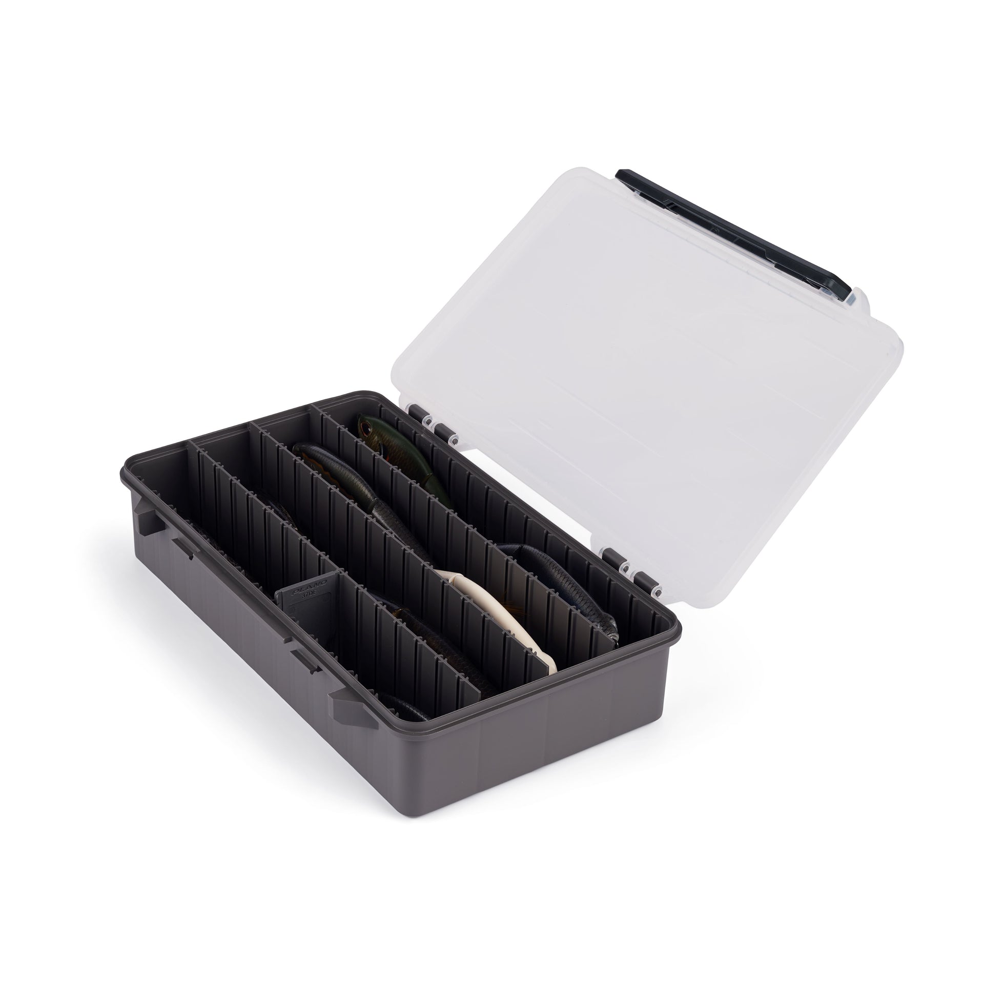 Black and transparent plastic case with compartments on a white background