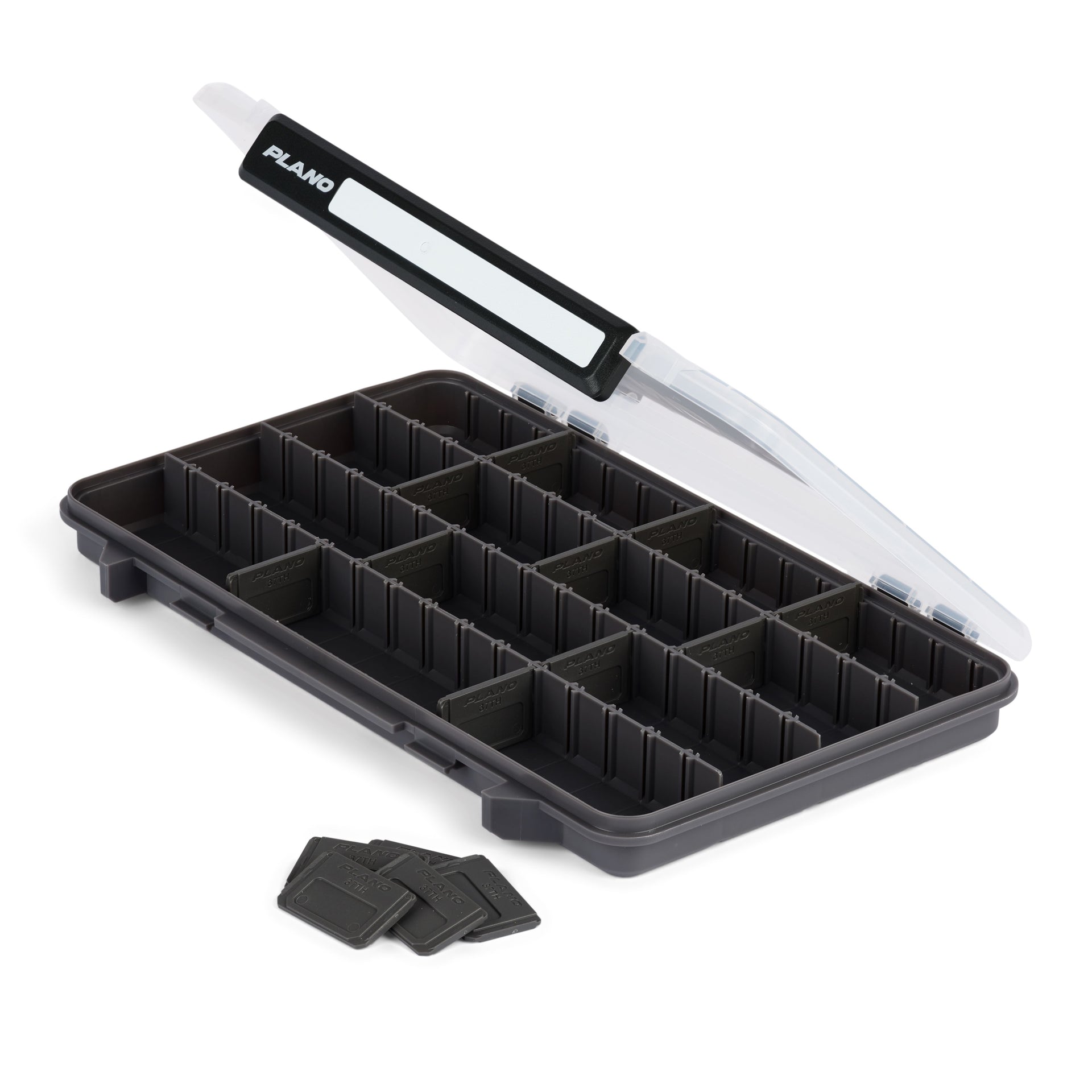 Black fishing lure tray with compartments and a clear lid on a white background
