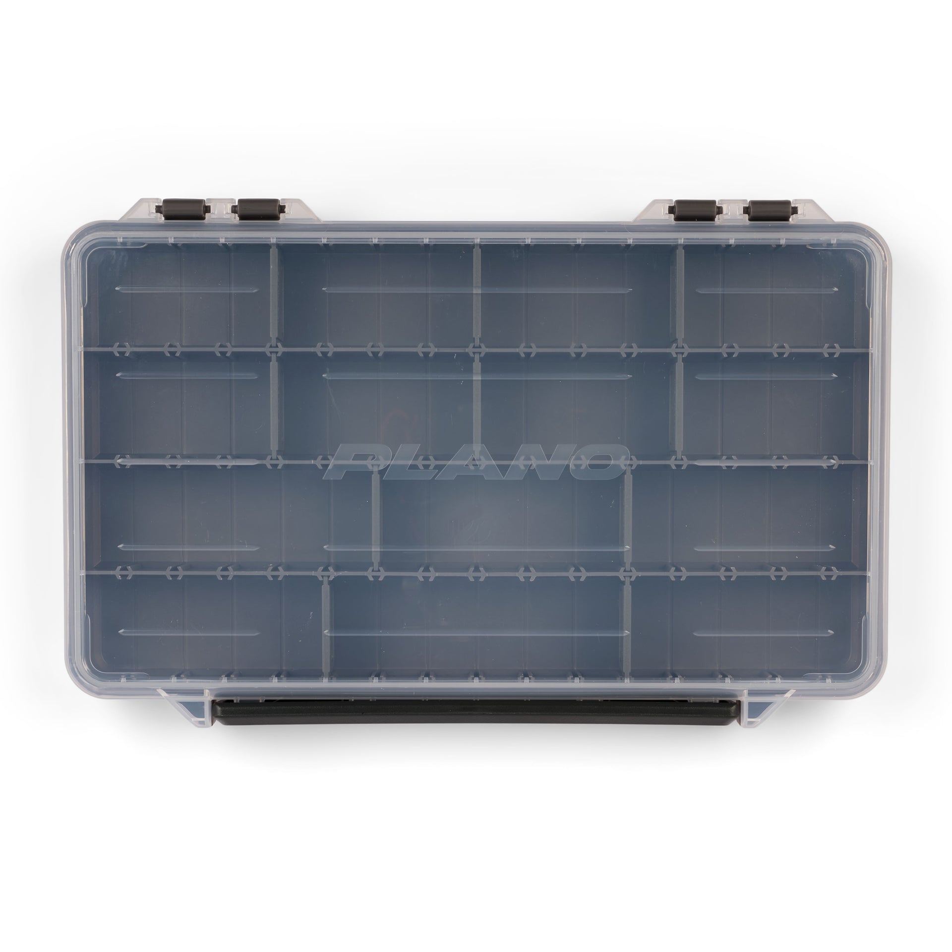 Clear plastic tackle box with compartments on a white background