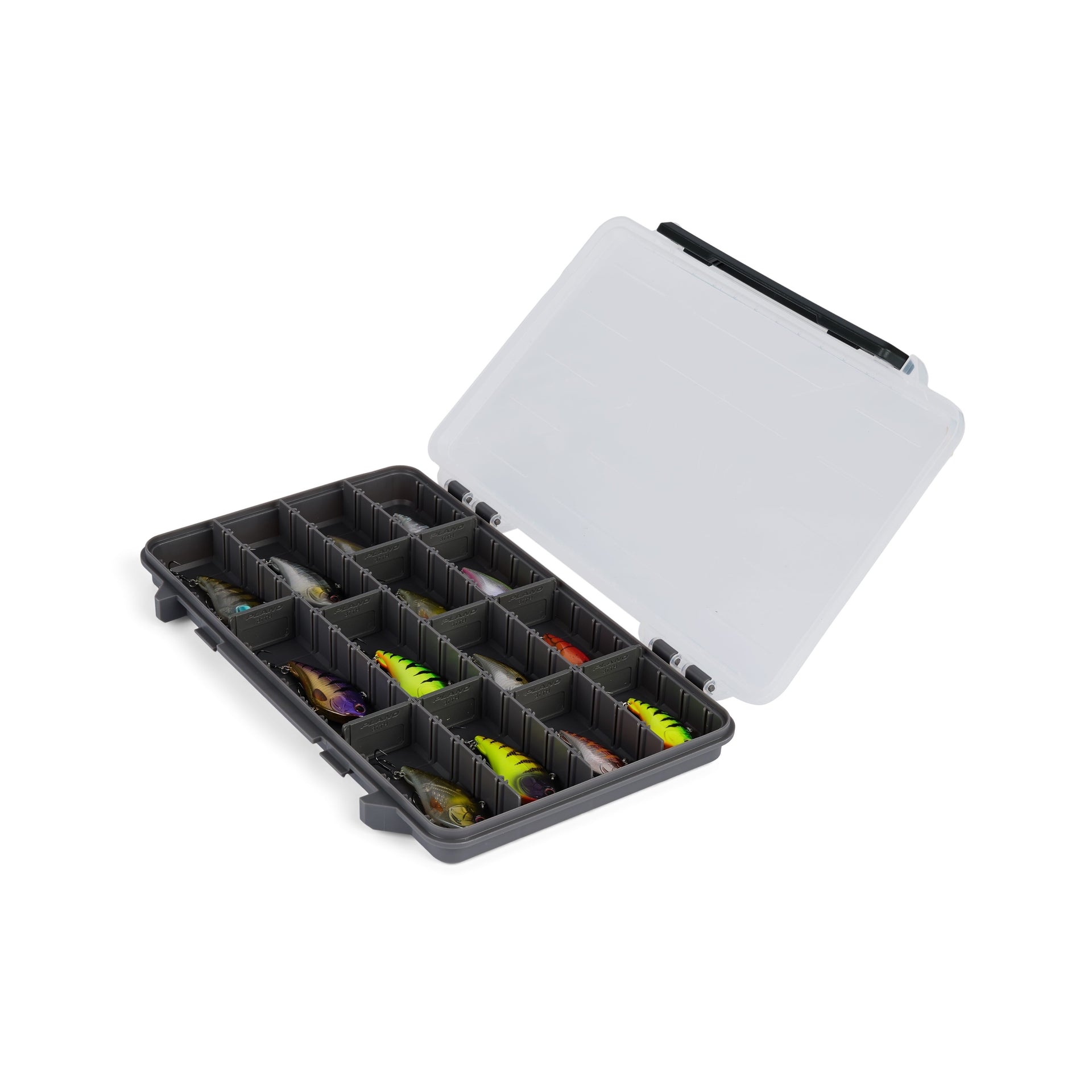 Fishing lure box with compartments on a white background