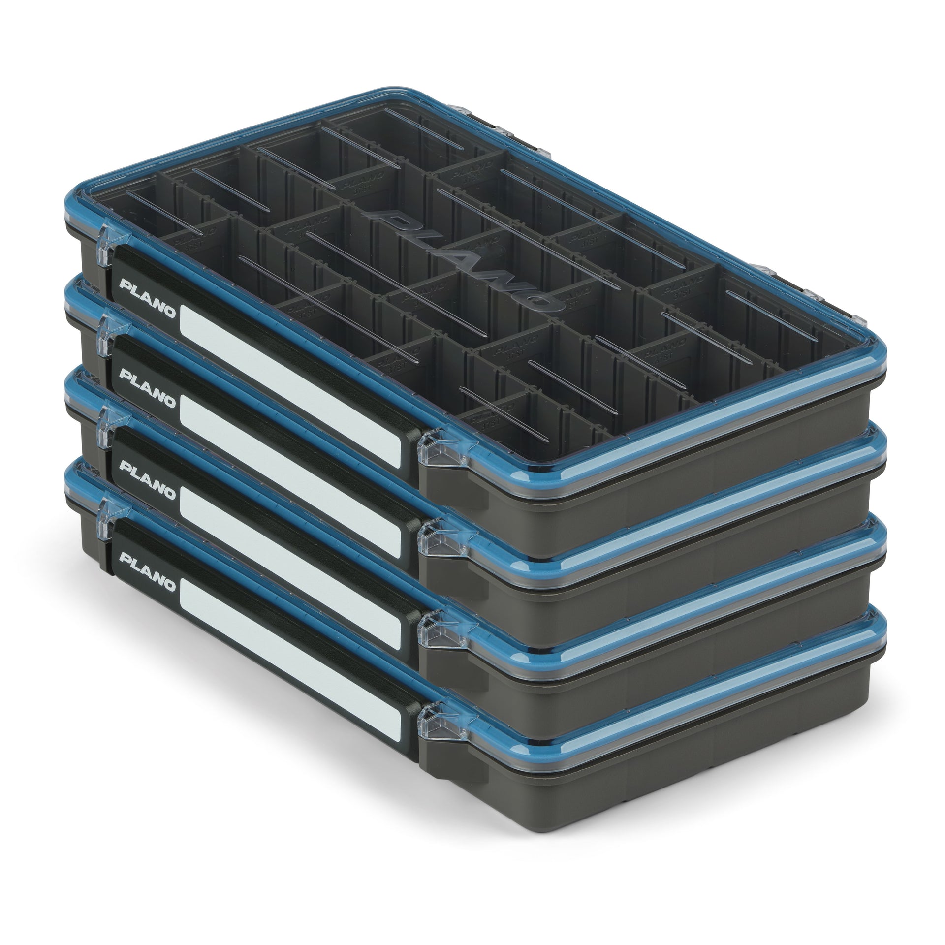 Stack of black and blue fishing tackle boxes with 'Plano' branding on a white background