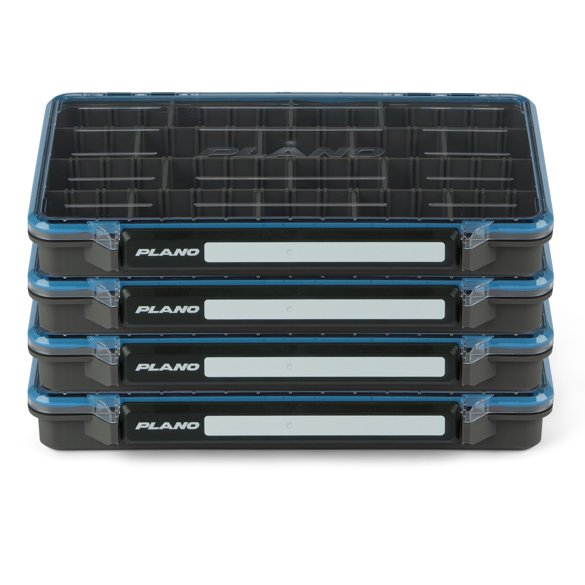 Stack of Plano fishing tackle boxes on a white background