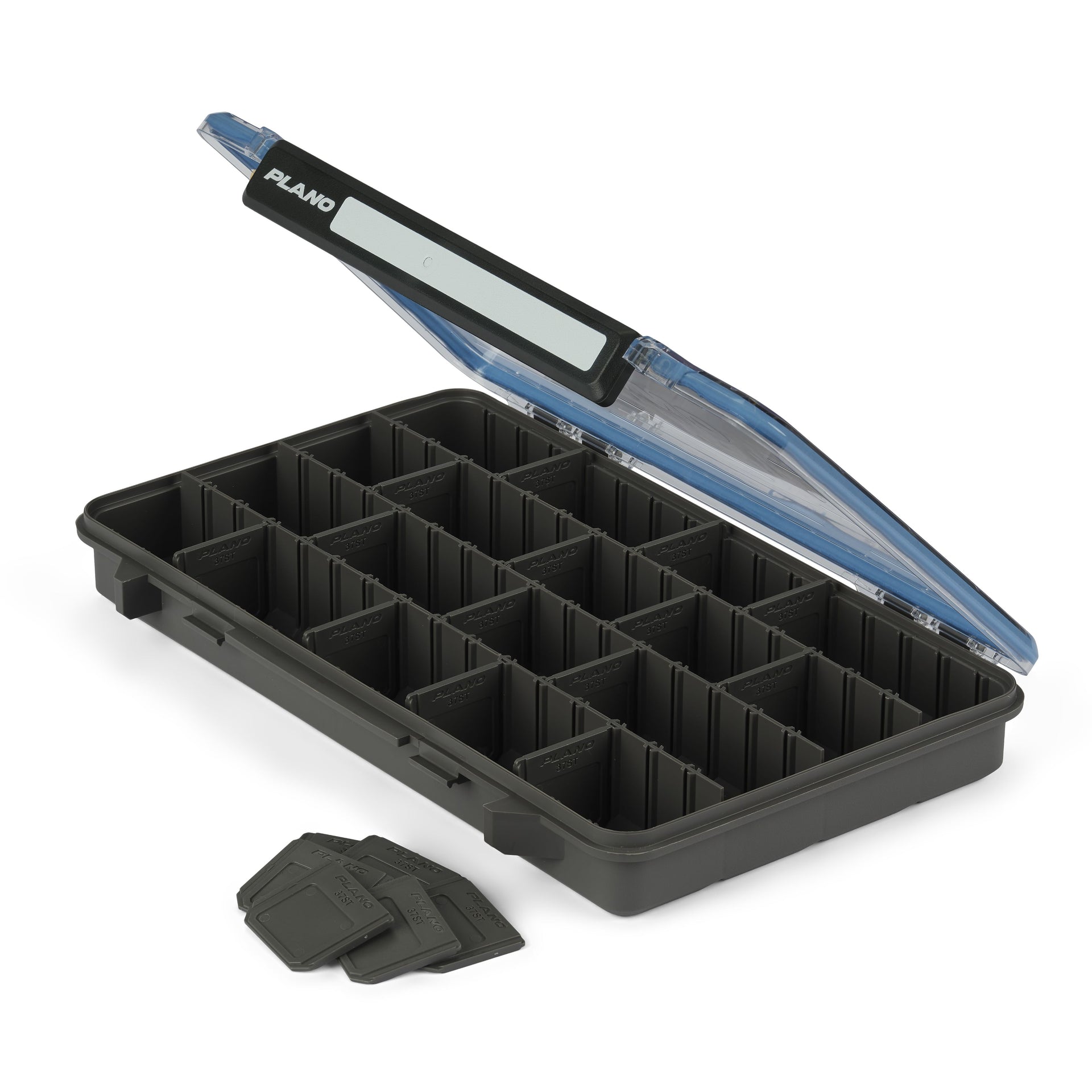 Black fishing tackle box with a transparent lid on a white background