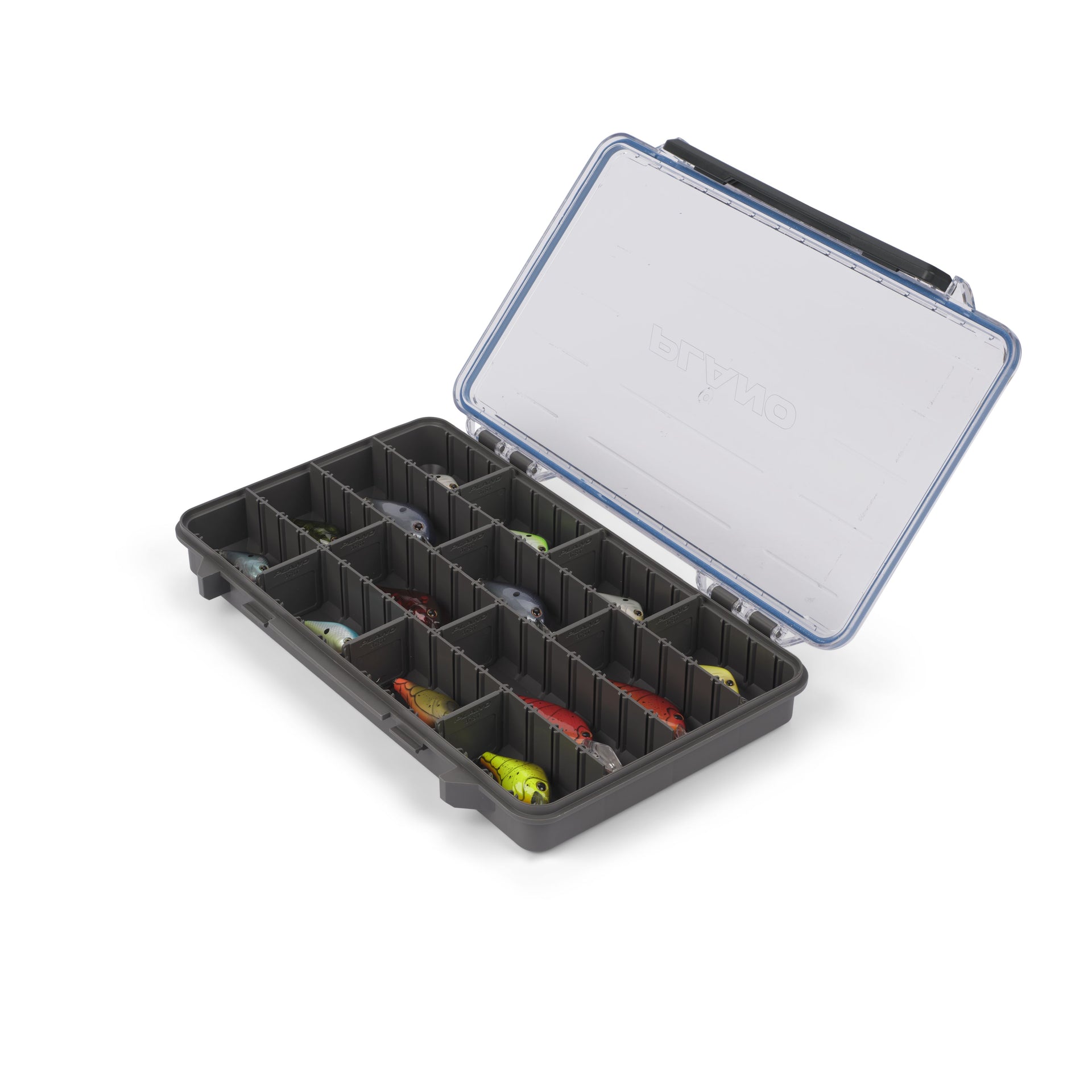 Black tackle box with open lid on a white background