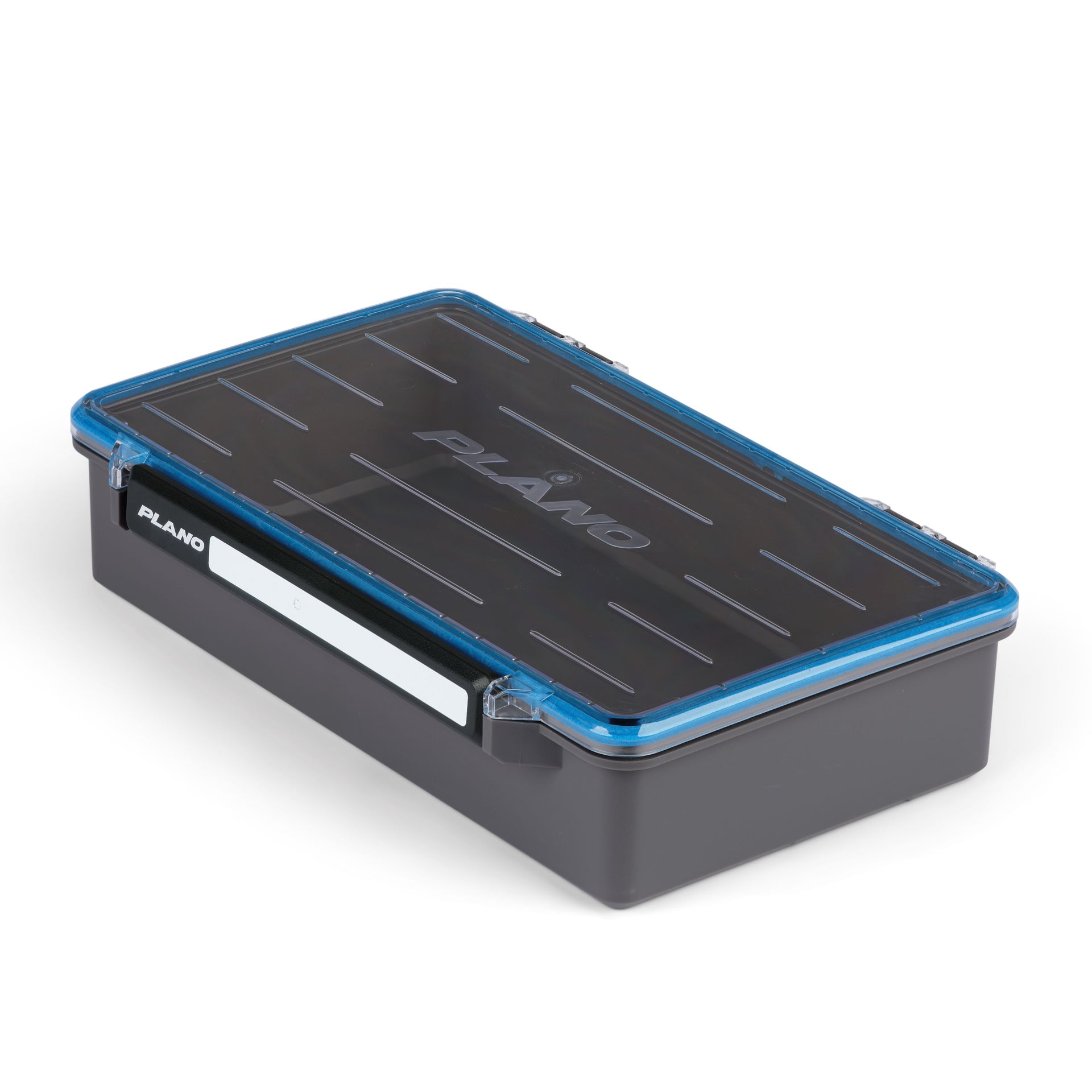 Gray and blue tackle box with 'Plano' branding on a white background