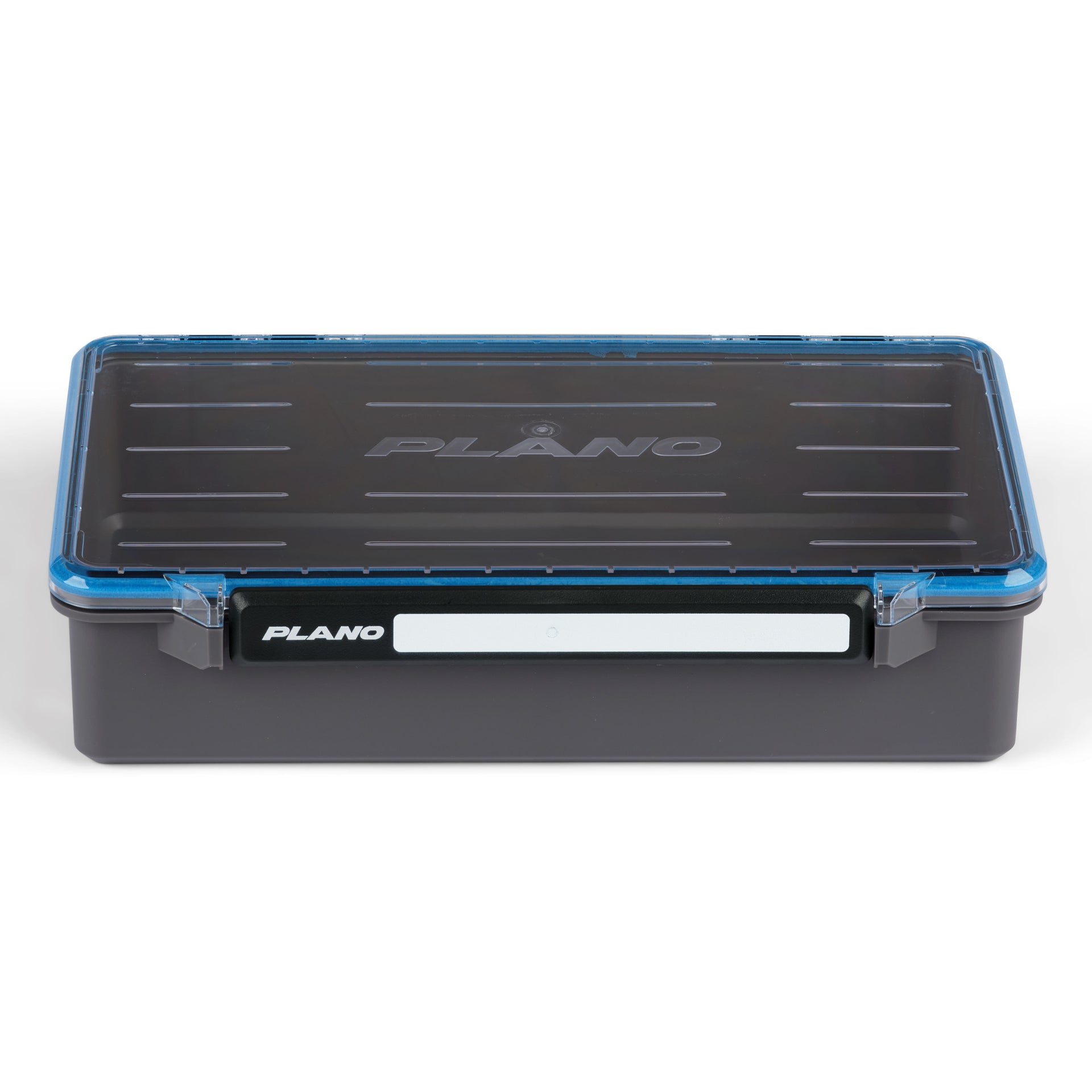 Plano fishing tackle box with blue lid on a white background
