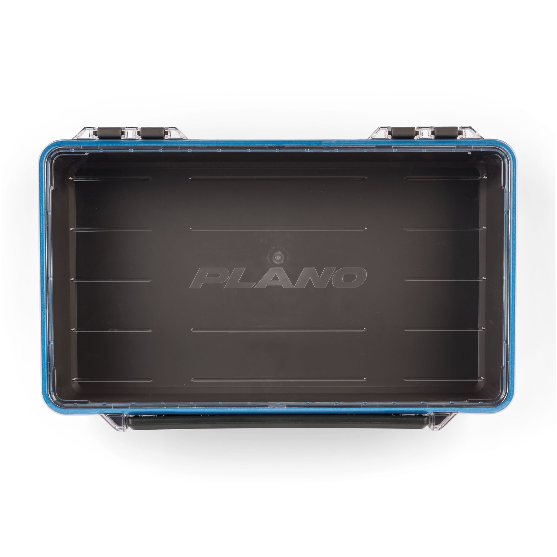 Black storage case with blue rim and 'Plano' branding on a white background