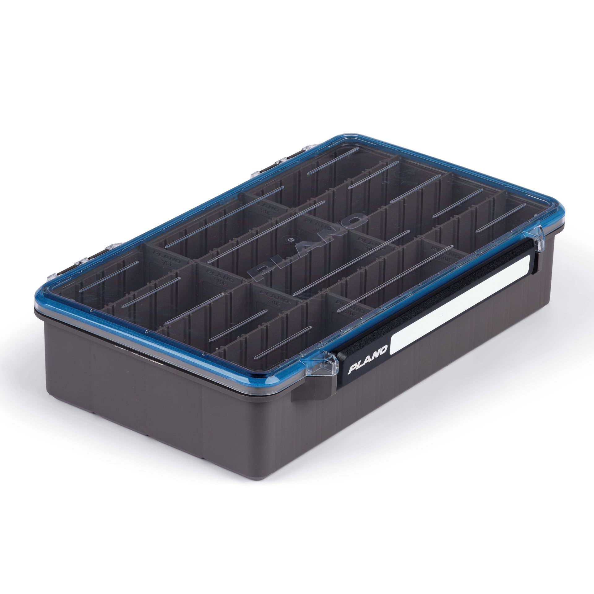 Black and blue storage box with compartments on a white background