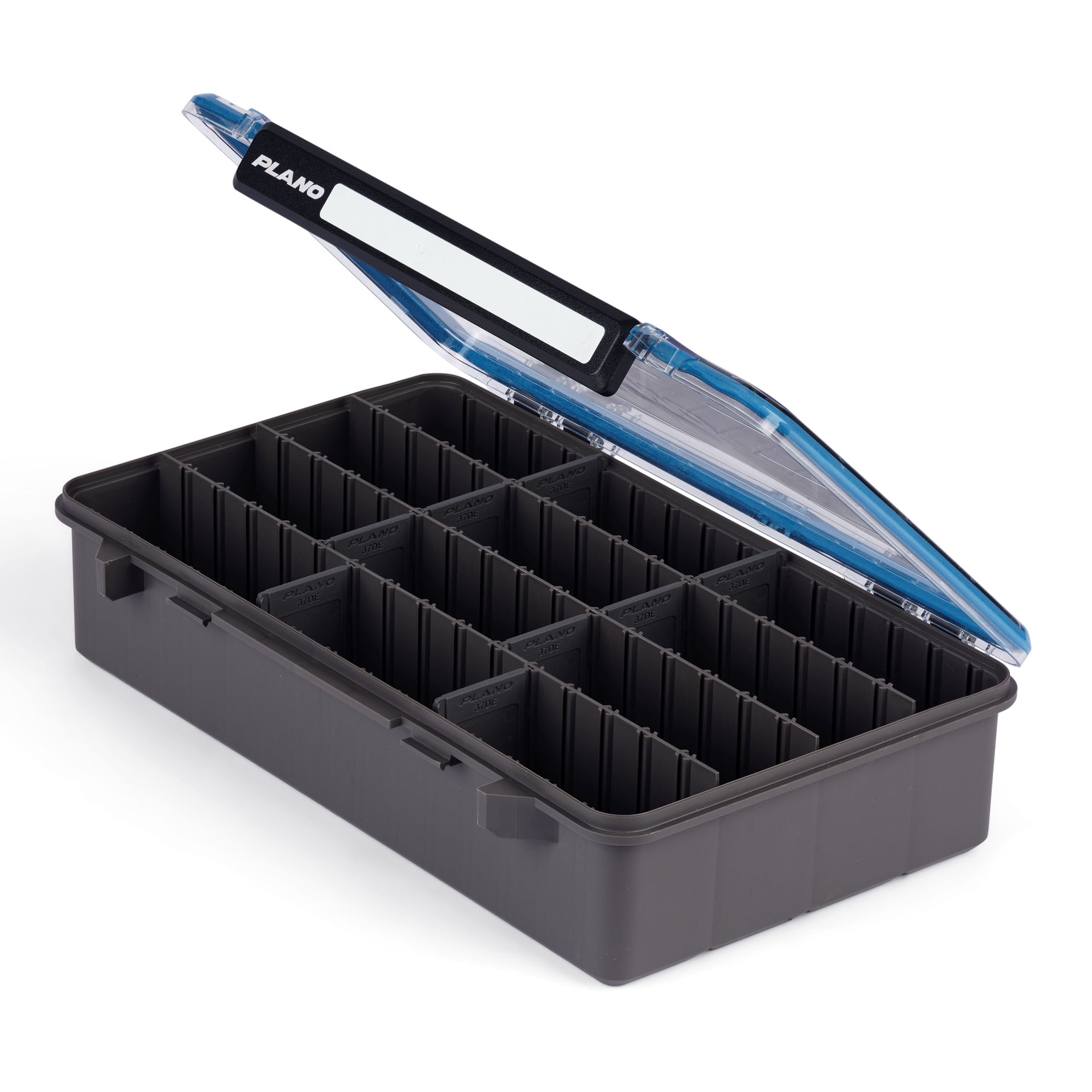 Black fishing tackle box with a blue lid on a white background