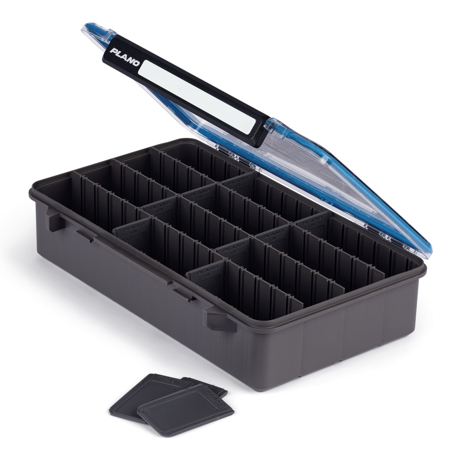 Black fishing tackle box with a transparent lid on a white background