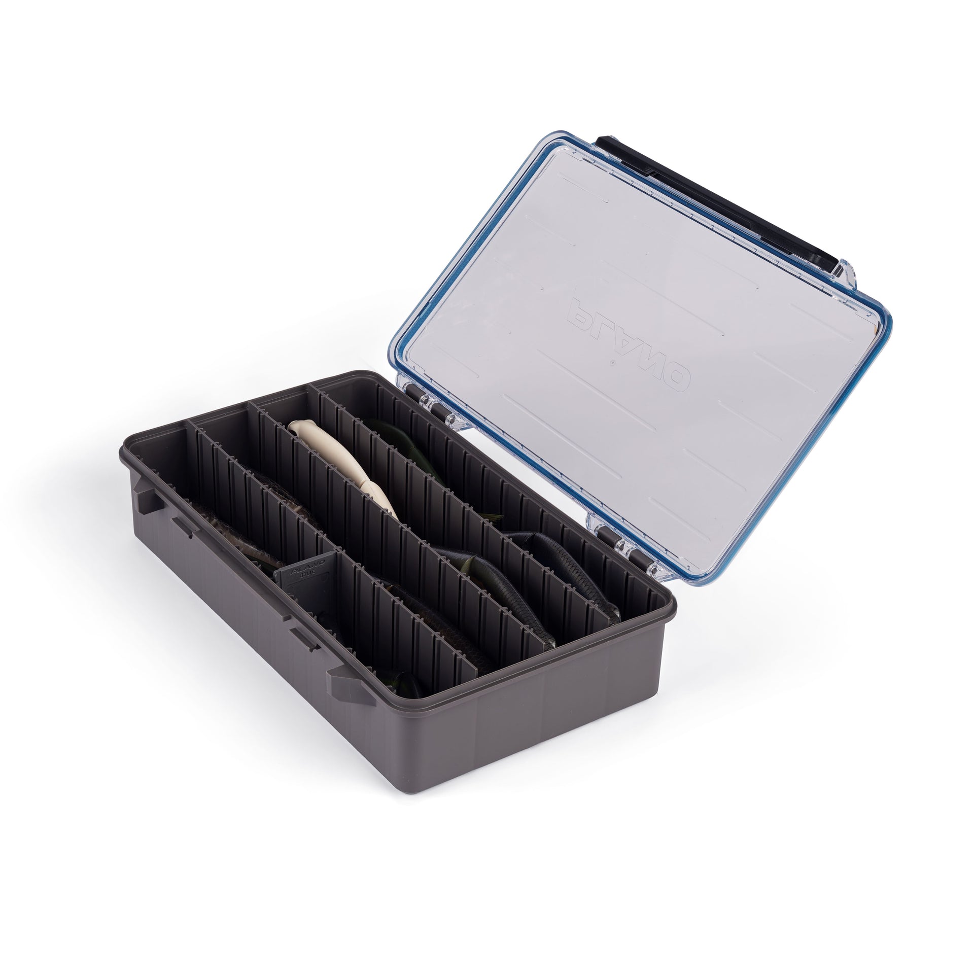 Gray tackle box with open lid on a white background