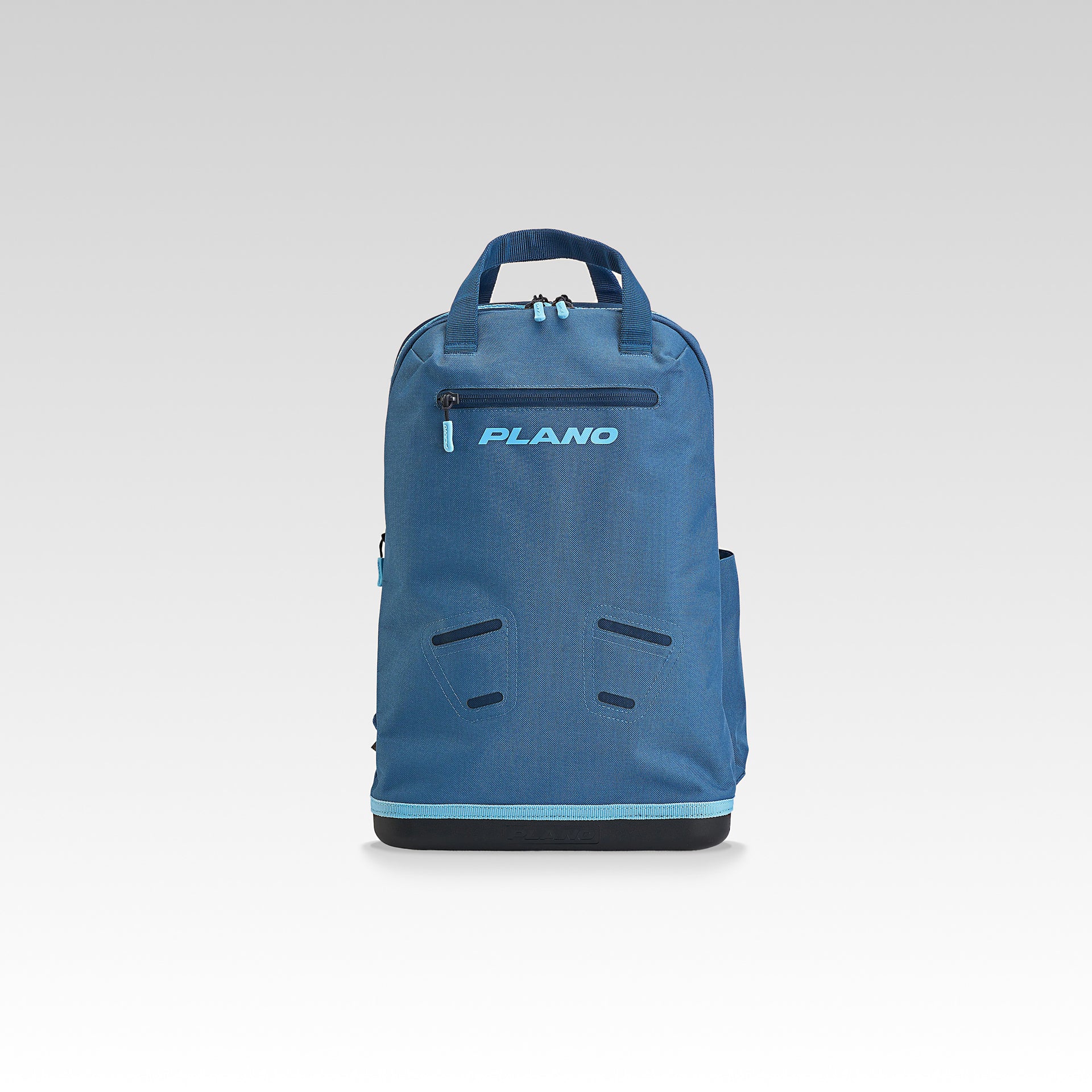 Blue backpack with 'Plano' branding on a light gray background